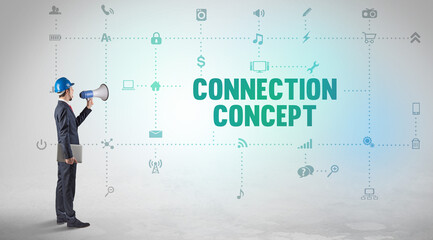 Engineer working on a new social media platform with CONNECTION CONCEPT inscription concept