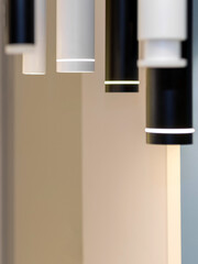 The group black and white lamps made of steel with LED bulb inside are hanging on the ceiling in the hall interior.