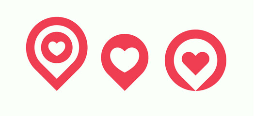 Favourite places icon set, liked places pin collection, love location pointer with heart, isolated vector logo template.