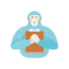 doctor in safety protection suit dress, mask, glasses and clipboard