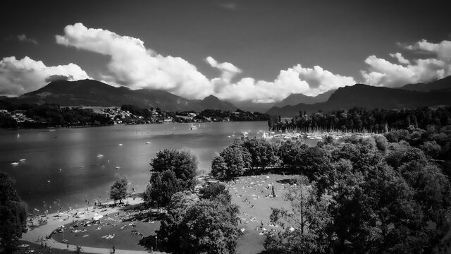 City of Lucerne Switzerland and Lake Lucerne - aerial view - travel photography © 4kclips