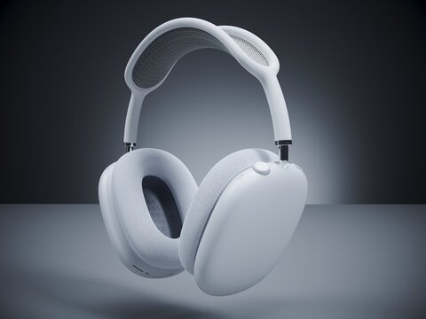 Realisitc 3d Rendering of a new Apple AirPods MAX silver headphones, noise cancellation technology, better sound