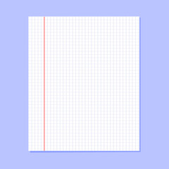 Notepaper with margin in grid. Vector flat illustration. School concept.