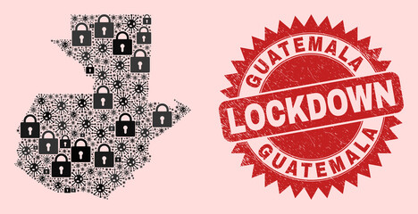 Vector pandemic lockdown collage Guatemala map and scratched stamp print. Lockdown red stamp seal uses sharp rosette form. Mosaic Guatemala map is done from covid, and lock symbols.