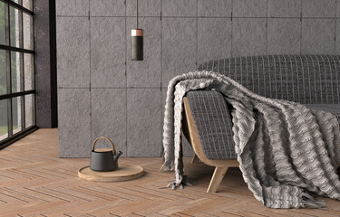 Loft style interior with grey sofa in front of concrete wall, Pantone colors of 2021