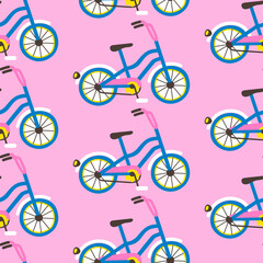 Seamless pattern with bicycles on pink background. Vector illustration in flat cartoon style for wrapping paper, textile print, wallpaper