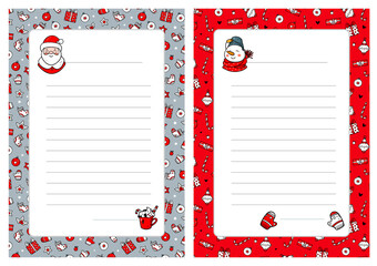 Cartoon Christmas wish lists with cute funny pattern in doodle style. A letter to Santa Claus template. Vector illustration. Vertical orientation. 