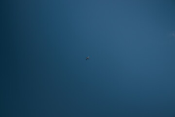 jet plane flying at high altitude, crossing a cloudless blue sky, illuminated by sunlight.
