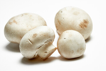 White mushrooms champignons on a light background.
