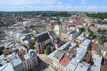 Obraz premium View of Latin Cathedral (Archcathedral Basilica of the Assumption of the Blessed Virgin Mary) from the tower of Lviv City Hall, Lviv, Ukraine