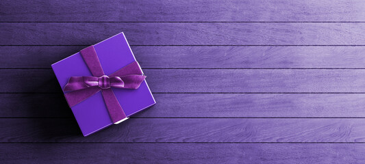 Mock-up poster, luxury purple gift box with satin bow on distressed purple wood planks background,...