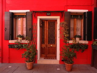 red door and windows