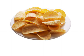 potato chips on a white plate isolated on white background. copy space.
