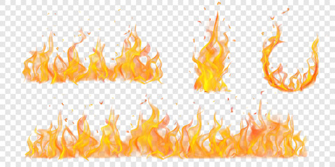 Set of translucent burning arc and campfires of flames and sparks on transparent background. For used on light illustrations. Transparency only in vector format