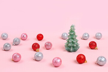 Christmas composition with decorations and toys, postcard, minimal holiday concept, modern new year background, banner for screen, place for text, selective focus