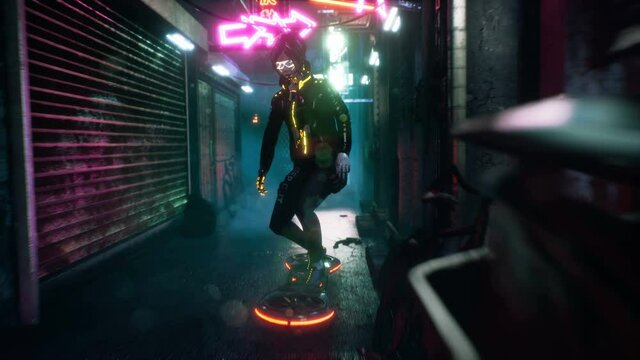 Cyber girl hover on a hoverboard over the street of the cyber city of the future. Animation for fiction, cyber and science fiction backgrounds. View of an future cyber neon city.