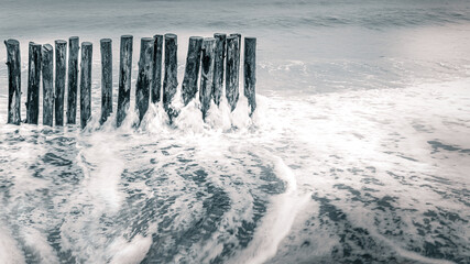 wooden poles in the sea