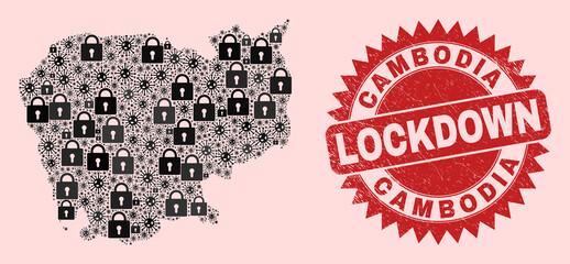 Vector coronavirus lockdown mosaic Cambodia map and rubber stamp seal. Lockdown red stamp seal uses sharp rosette form. Mosaic Cambodia map is created of flu virus, and locked symbols.