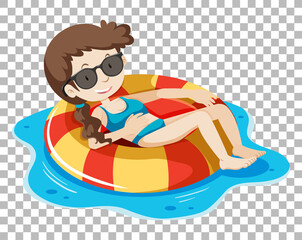 Girl on inflatable ring on transparent background