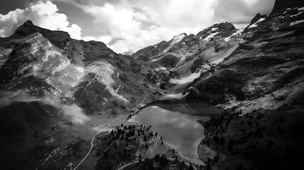 Popular vacation spot in the Swiss Alps - the Melchsee Frutt district in Switzerland - aerial view...