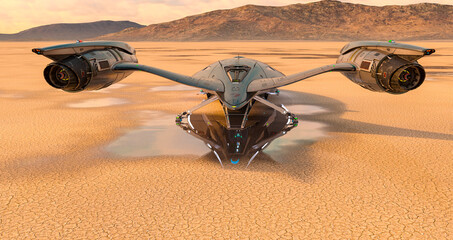 master spaceship on desert after rain landed