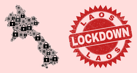 Vector Covid-2019 lockdown combination Laos map and rubber stamp print. Lockdown red imprint uses sharp rosette form. Collage Laos map is made with Covid-2019, and locked items.