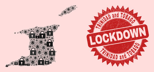 Vector Covid lockdown collage Trinidad and Tobago map and rubber stamp imitation. Lockdown red stamp uses sharp rosette shape. Collage Trinidad and Tobago map is formed of Covid-2019, and lock icons.