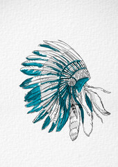 Indian headdress made of feathers and beads, a sketch drawing drawn with a felt-tip pen on a watercolor spot, clothes of a shaman, sorcerer, chief