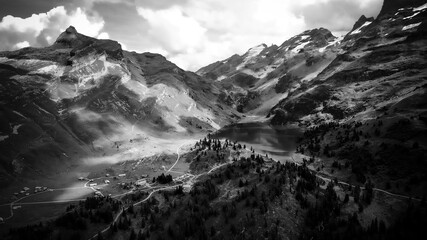 Amazing nature of the Swiss Alps - the Melchsee Frutt district in Switzerland from above - travel...