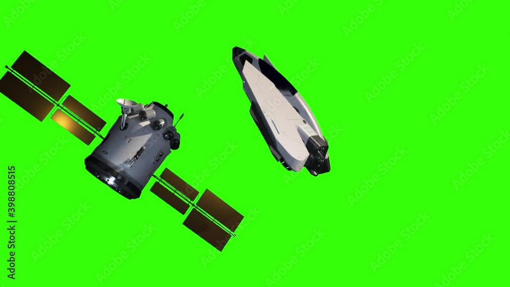 Wall mural docking in space of a satellite and a shuttle. 3d animation with green background for keynig