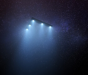 Objet Volant Triangulaire Non Identifié UFO. Objet volant non identifié la nuit avec du brouillard et une lumière en dessous.