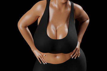 Naklejka premium Young slim woman with big breasts in black sportswear