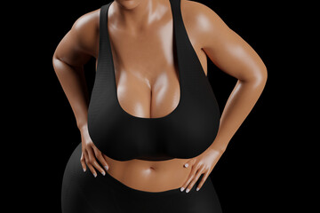 Young slim woman with big breasts in black sportswear