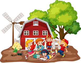 Obraz na płótnie Canvas Children with red barn in farm scene on white background