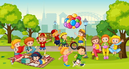 Plakat Children enjoy with their activity at the park scene