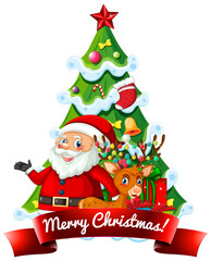Merry Christmas 2020 font banner with Santa Claus and cute reindeer on white background