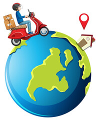 A house and bike man or delivery man on the earth