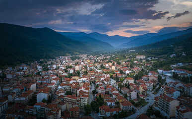 Aerial view of Florina city in northern Greece at twilight time