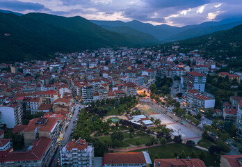 Naklejka na ściany i meble Aerial view of Florina city in northern Greece at twilight time