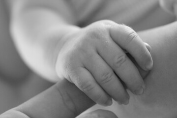 A baby hand grabbing an adult finger