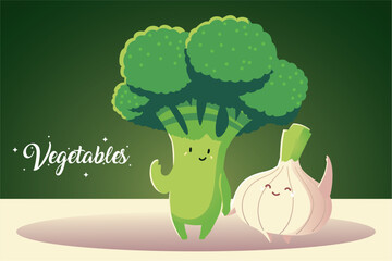 vegetables kawaii cute broccoli and onion cartoon style