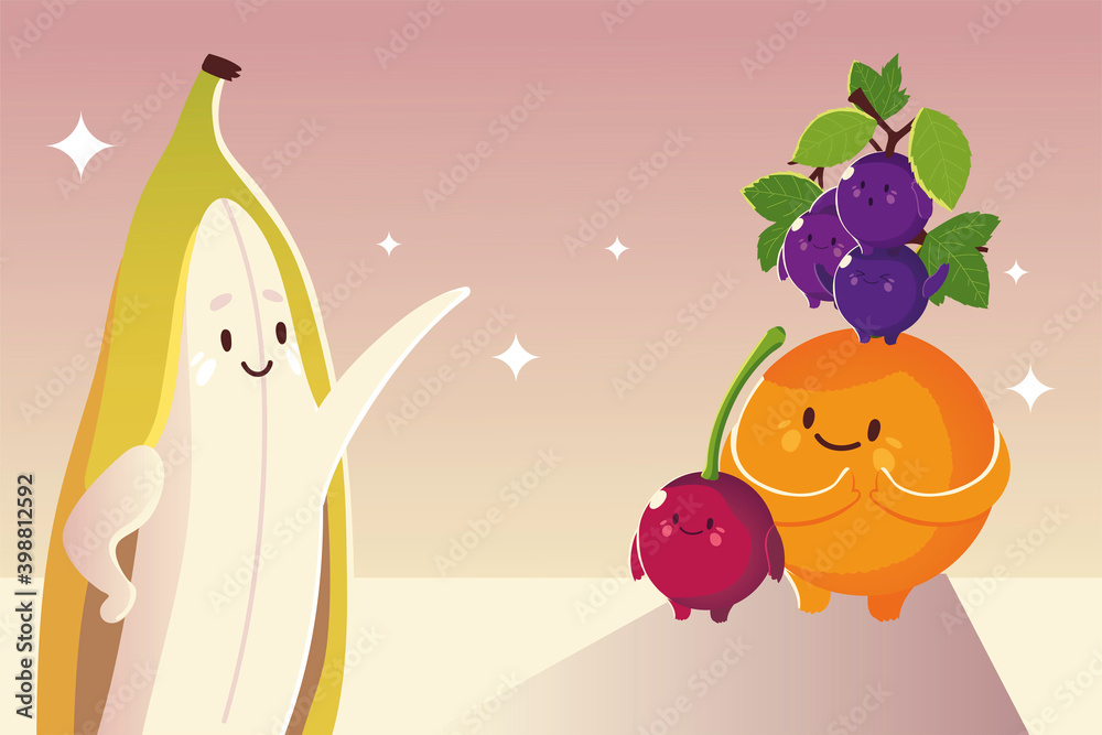 Poster fruits kawaii funny face banana grapes orange and cherry together