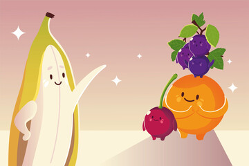 fruits kawaii funny face banana grapes orange and cherry together