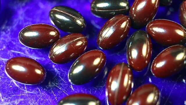 Maroon and black oval spindle-shaped capsules in a shiny gel shell move smoothly from left to right. Real time, natural light, on a blue background, carotenoids, carotenoid pigments, Astaxanthin