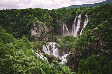 Plitvice Lakes beautiful nature, wood bridge. lakes, waterfall, rainbow, rivers.
