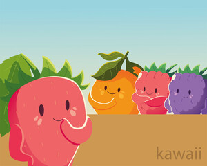 fruits kawaii face happiness funny strawberry orange and blackberry