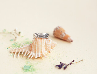 beautiful macro shot of golden wedding ring with sea shell and coral on yellow background