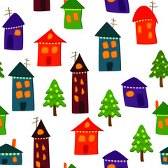 Seamless pattern of different colorful cartoon style houses and fir trees decorated with shining bright yellow lights. Children illustration stylized buildings and Christmas New Year trees. Flat desig
