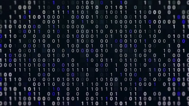 Blue and white binary code fast typing on dark display. Animation. Numbers zero and one coding on black background, seamless loop.