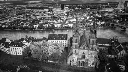 Aerial view over the city of Basel Switzerland and Cathedral - drone footage